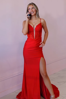 Navy Mermaid Spaghetti Straps Appliqued Maxi Corset Prom Dress with Slit