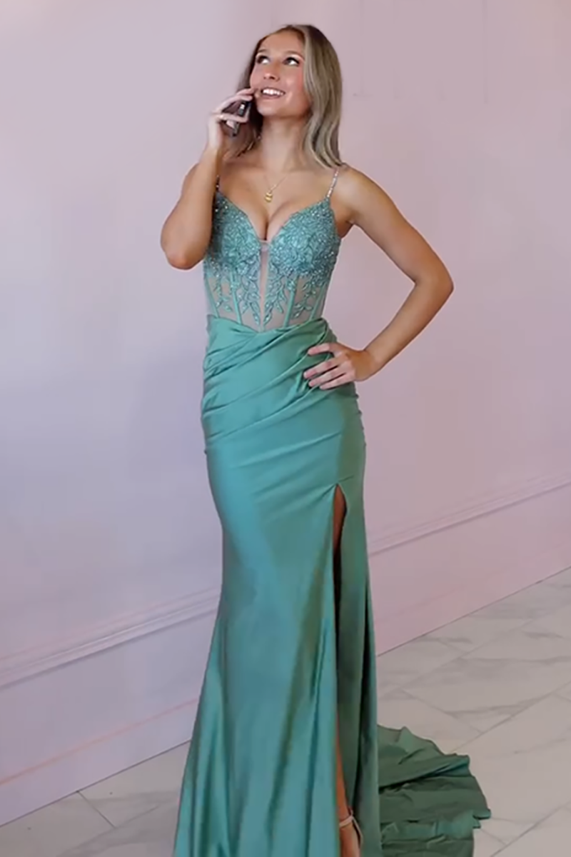 Load image into Gallery viewer, Navy Mermaid Spaghetti Straps Appliqued Maxi Corset Prom Dress with Slit