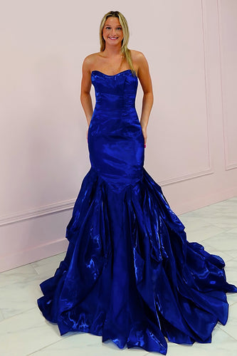 Royal Blue Mermaid Strapless Maxi Prom Dress