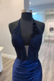 Sparkly Navy Halter V Neck Beaded Maxi Mermaid Prom Dress