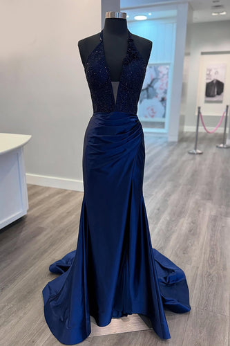 Sparkly Navy Halter V Neck Beaded Maxi Mermaid Prom Dress