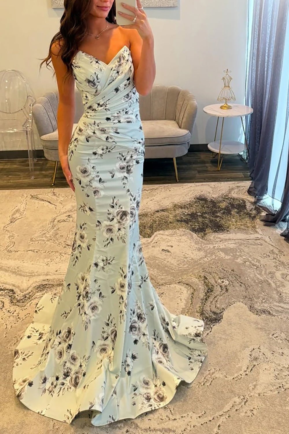 Light Green Floral Mermaid Strapless Ruched Maxi Prom Dress