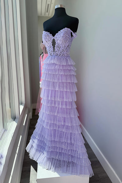 Sparkly Lilac Off the Shoulder A Line Maxi Appliqued Corset Prom Dress with Ruffles