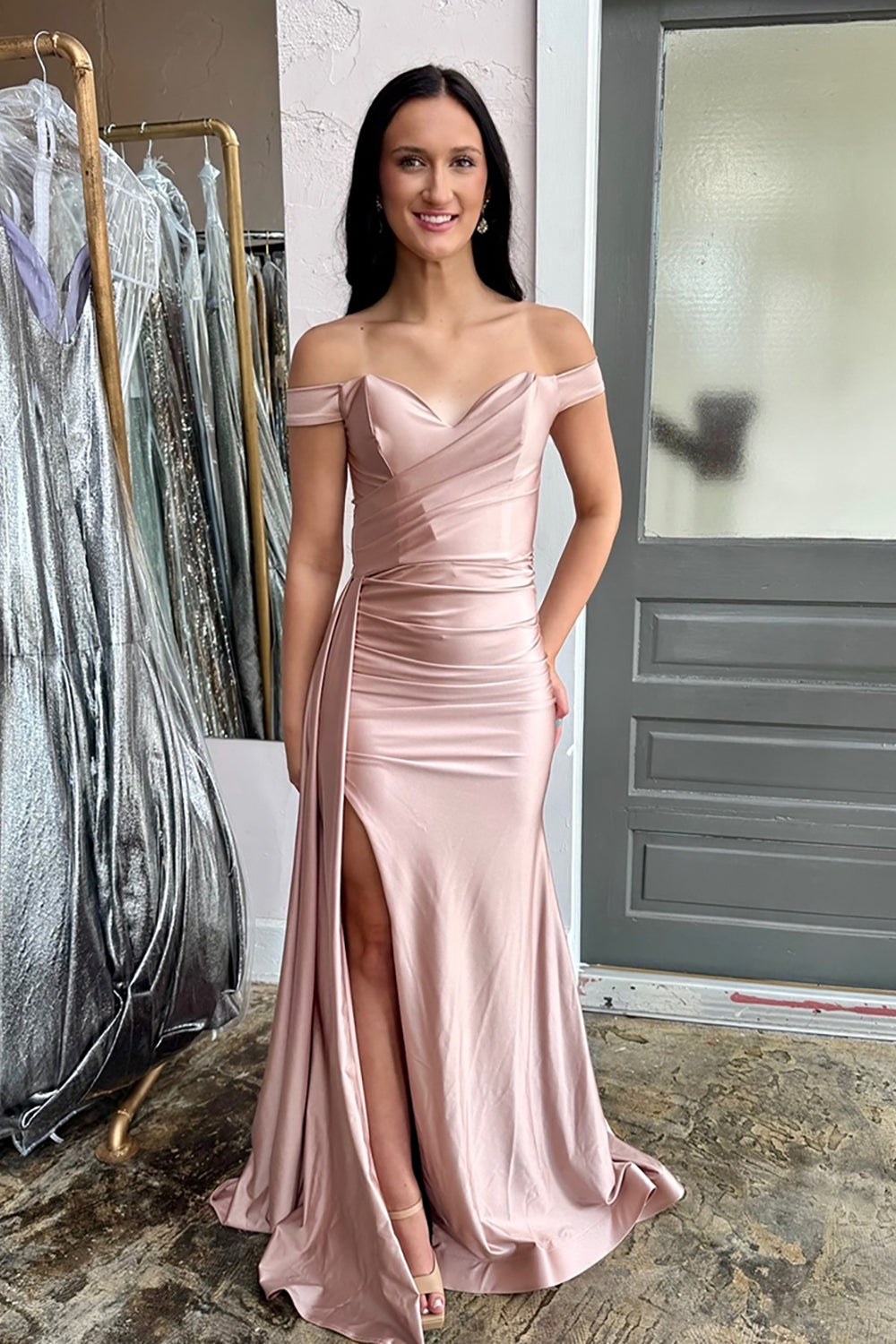 Blush Off the Shoulder Ruched Mermaid Maxi Prom Dress with Side Cape