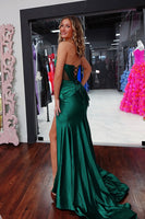Load image into Gallery viewer, Sparkly Dark Green Mermaid Strapless Maxi Corset Prom Dress with Slit