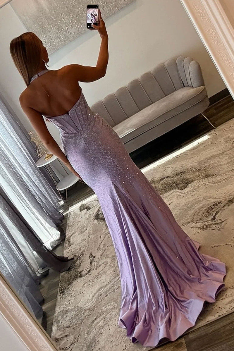 Load image into Gallery viewer, Sparkly Peacock Blue Halter Beaded Maxi Corset Prom Dress with Slit