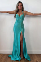 Load image into Gallery viewer, Sparkly Peacock Blue Halter Beaded Maxi Corset Prom Dress with Slit