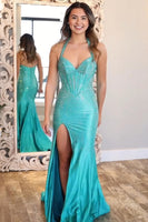 Load image into Gallery viewer, Sparkly Peacock Blue Halter Beaded Maxi Corset Prom Dress with Slit