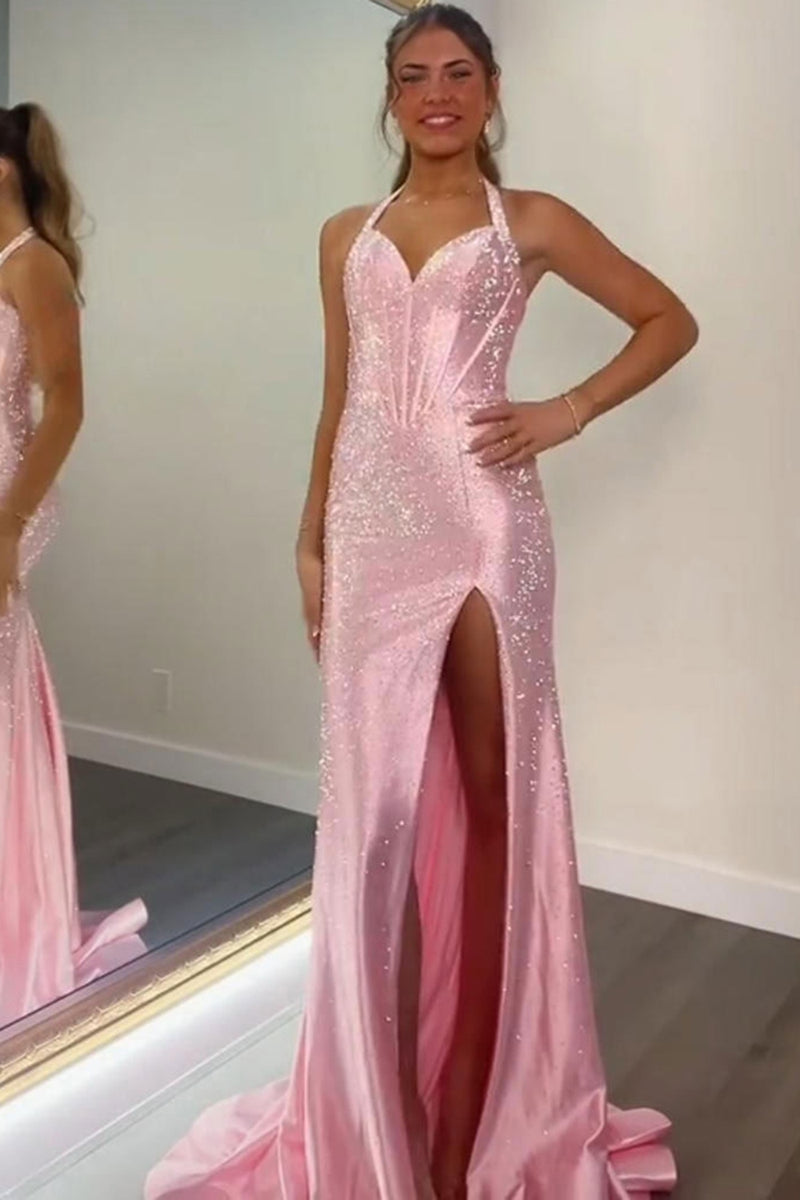 Load image into Gallery viewer, Sparkly Peacock Blue Halter Beaded Maxi Corset Prom Dress with Slit