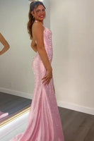 Load image into Gallery viewer, Sparkly Peacock Blue Halter Beaded Maxi Corset Prom Dress with Slit