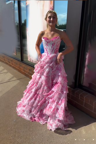 Pink Flower A Line Sweetheart Ruffled Maxi Corset Prom Dress with Slit