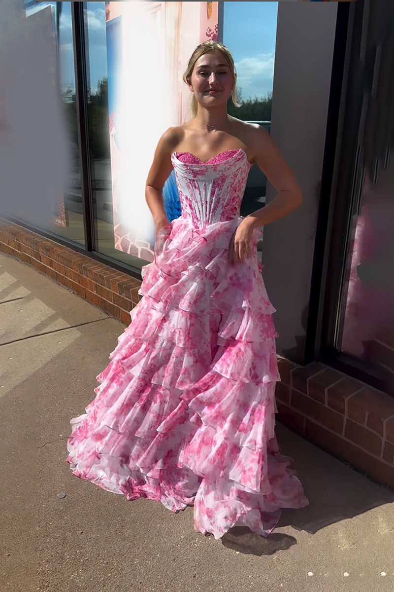 Load image into Gallery viewer, Pink Flower A Line Sweetheart Ruffled Maxi Corset Prom Dress with Slit