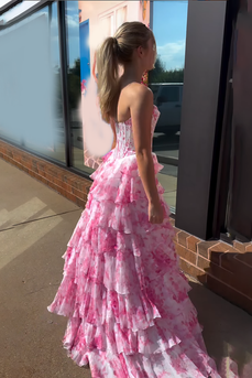 Pink Flower A Line Sweetheart Ruffled Maxi Corset Prom Dress with Slit