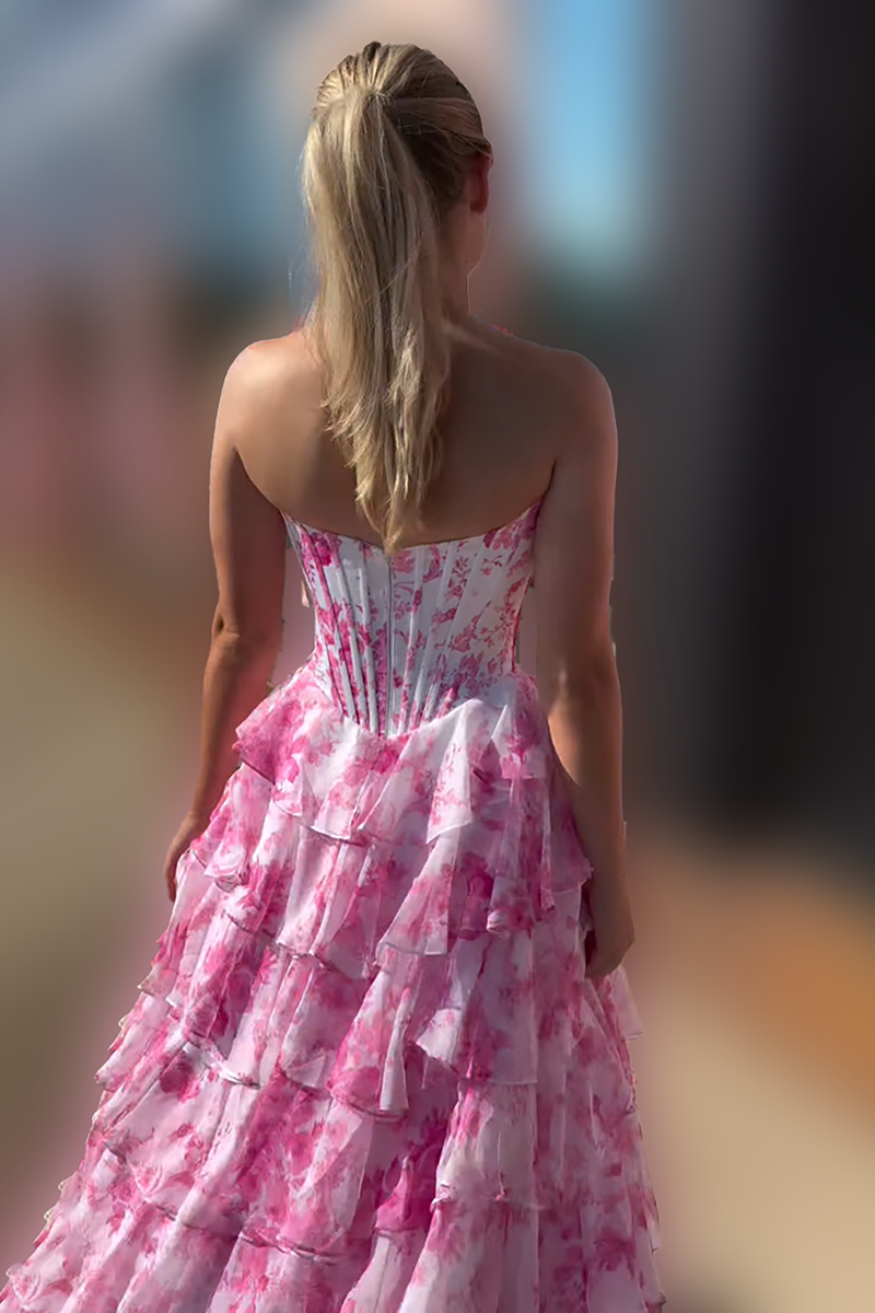 Load image into Gallery viewer, Pink Flower A Line Sweetheart Ruffled Maxi Corset Prom Dress with Slit