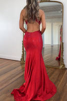 Load image into Gallery viewer, Sparkly Red Beaded Mermaid Halter Long Backless Prom Dress with Slit