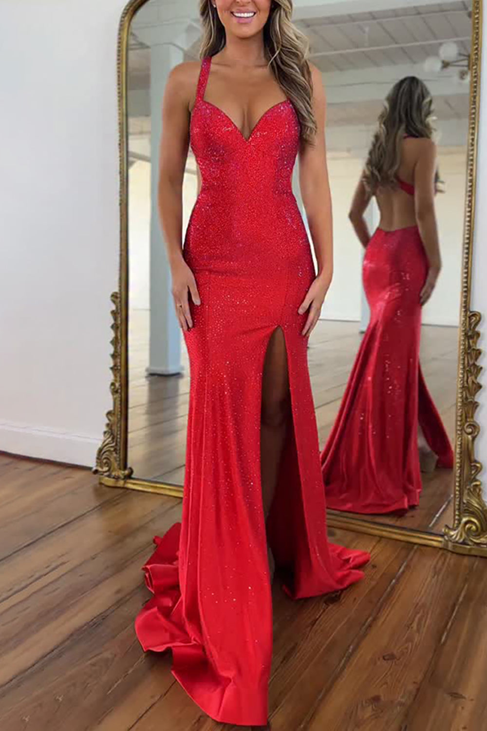 Sparkly Red Beaded Mermaid Halter Long Backless Prom Dress with Slit