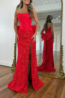 Load image into Gallery viewer, Red Lace Corset Mermaid Strapless Long Prom Dress with Bow
