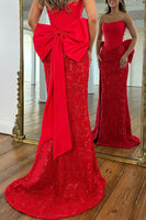 Load image into Gallery viewer, Red Lace Corset Mermaid Strapless Long Prom Dress with Bow