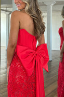 Load image into Gallery viewer, Red Lace Corset Mermaid Strapless Long Prom Dress with Bow