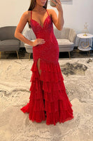 Load image into Gallery viewer, Sparkly Yellow Mermaid Beaded Ruffled Long Prom Dress with Slit