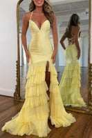Load image into Gallery viewer, Sparkly Yellow Mermaid Beaded Ruffled Long Prom Dress with Slit