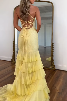Sparkly Yellow Mermaid Beaded Ruffled Long Prom Dress with Slit