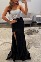 Load image into Gallery viewer, Sparkly White Black Mermaid Beaded Long Corset Prom Dress with Slit