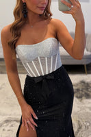 Load image into Gallery viewer, Sparkly White Black Mermaid Beaded Long Corset Prom Dress with Slit