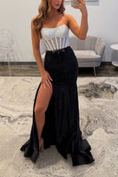 Load image into Gallery viewer, Sparkly White Black Mermaid Beaded Long Corset Prom Dress with Slit