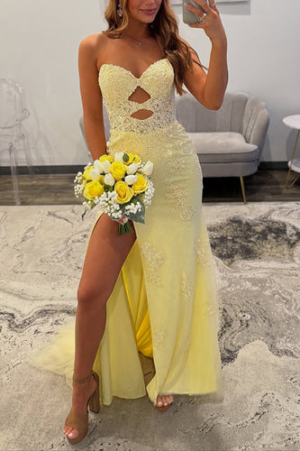 Yellow Mermaid Lace Cut Out Sweetheart Long Prom Dress with Slit