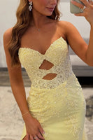 Load image into Gallery viewer, Yellow Mermaid Lace Cut Out Sweetheart Long Prom Dress with Slit