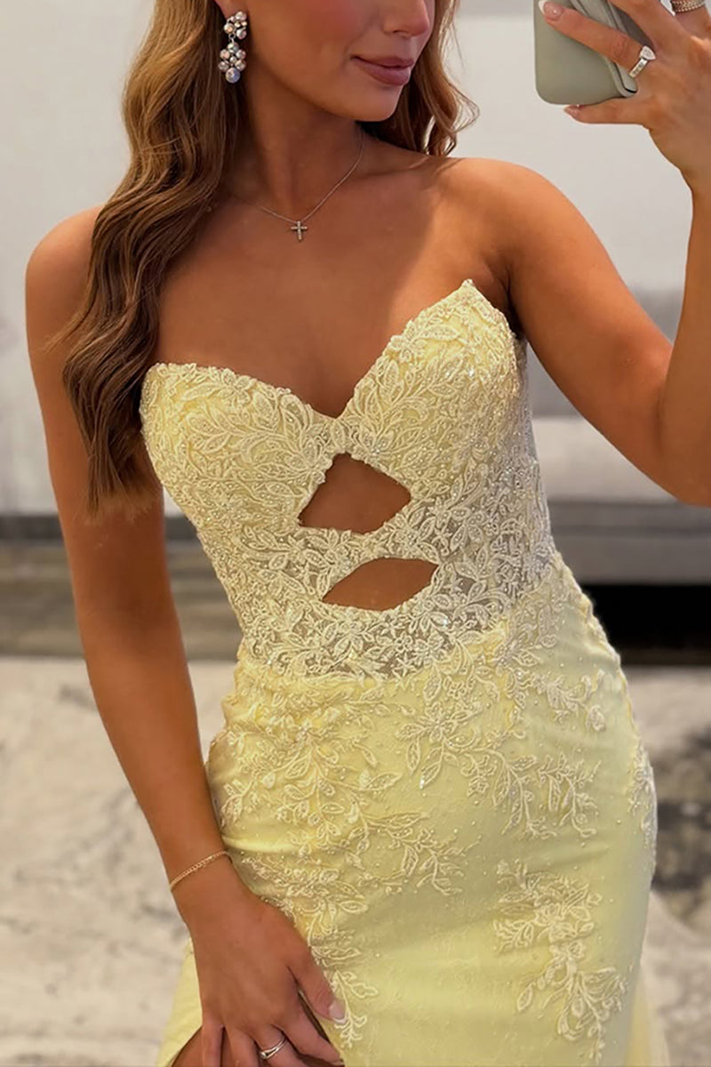 Load image into Gallery viewer, Yellow Mermaid Lace Cut Out Sweetheart Long Prom Dress with Slit