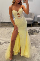 Load image into Gallery viewer, Yellow Mermaid Lace Cut Out Sweetheart Long Prom Dress with Slit