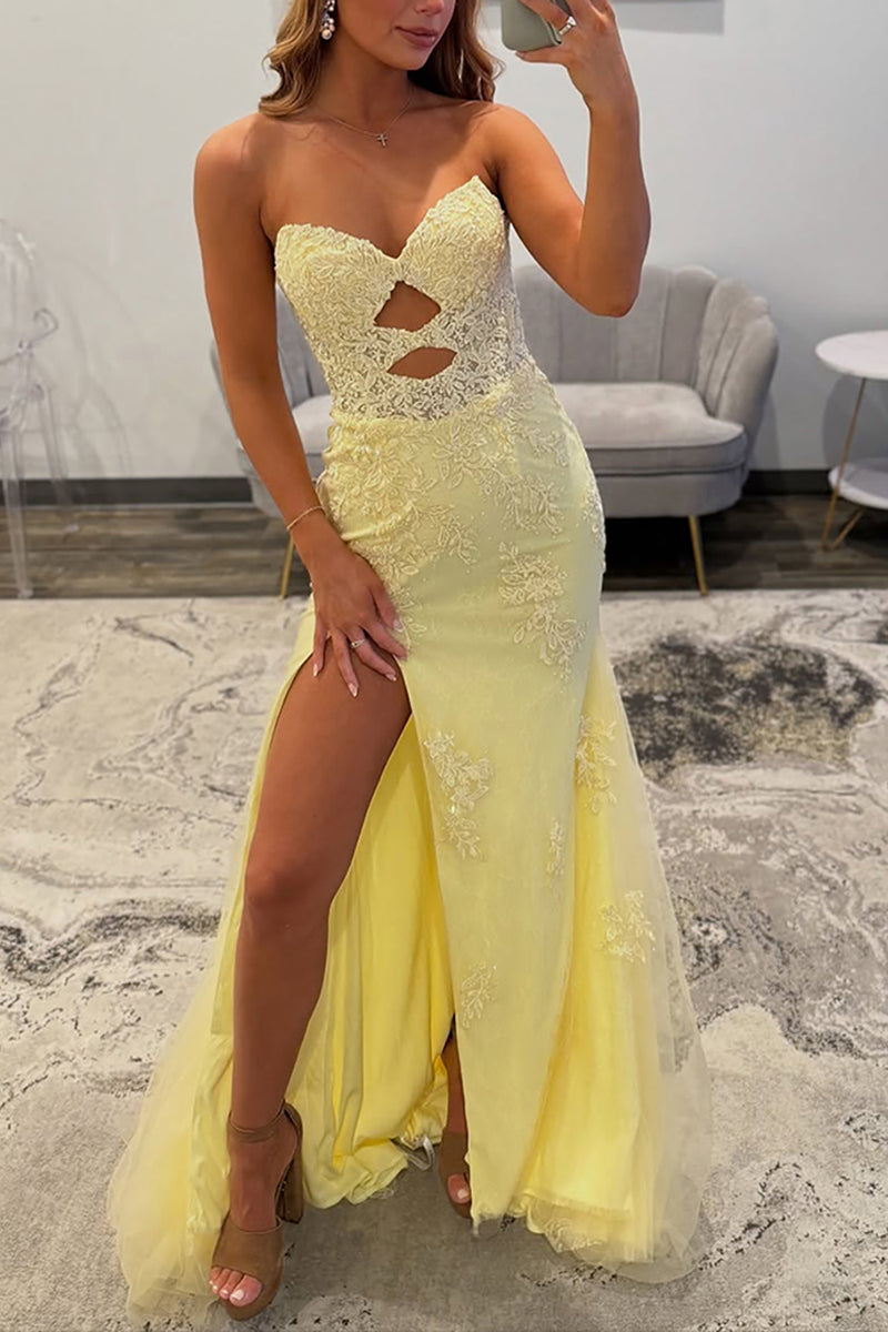 Load image into Gallery viewer, Yellow Mermaid Lace Cut Out Sweetheart Long Prom Dress with Slit