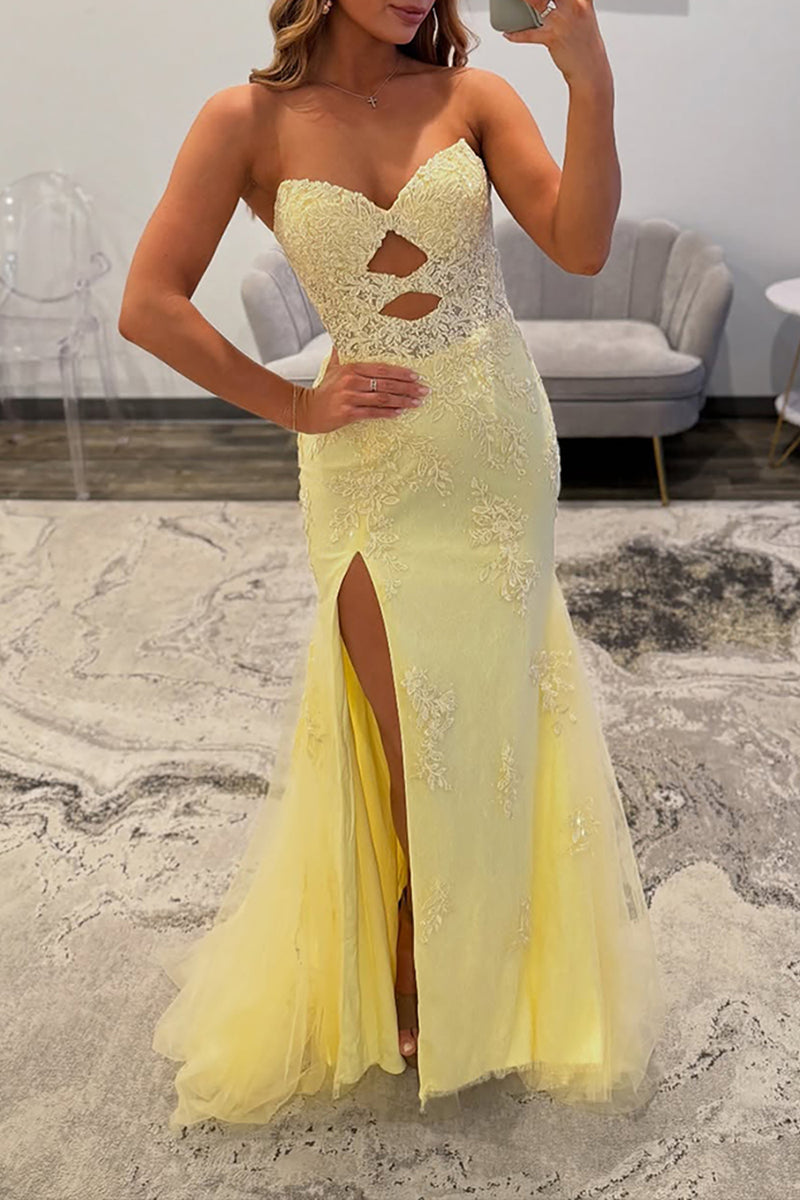 Load image into Gallery viewer, Yellow Mermaid Lace Cut Out Sweetheart Long Prom Dress with Slit