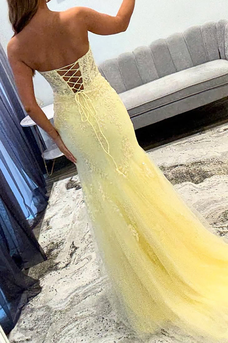Load image into Gallery viewer, Yellow Mermaid Lace Cut Out Sweetheart Long Prom Dress with Slit