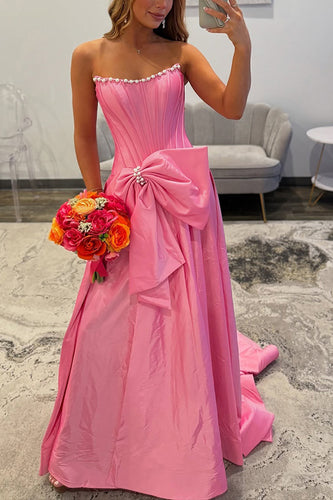 Sparkly Pink Strapless Beaded Long Corset Prom Dress with Bow