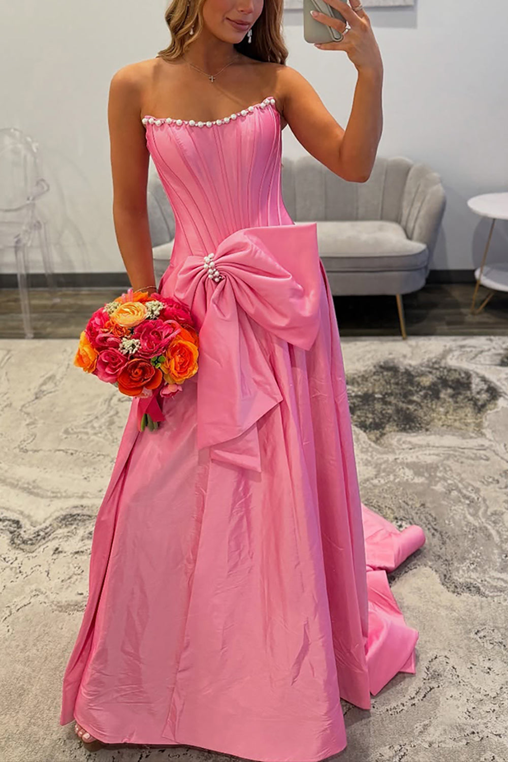Sparkly Pink Strapless Beaded Long Corset Prom Dress with Bow