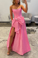 Load image into Gallery viewer, Sparkly Pink Strapless Beaded Long Corset Prom Dress with Bow