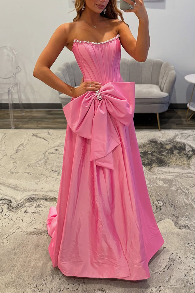 Load image into Gallery viewer, Sparkly Pink Strapless Beaded Long Corset Prom Dress with Bow