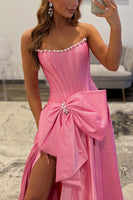 Load image into Gallery viewer, Sparkly Pink Strapless Beaded Long Corset Prom Dress with Bow