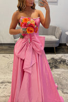 Load image into Gallery viewer, Sparkly Pink Strapless Beaded Long Corset Prom Dress with Bow