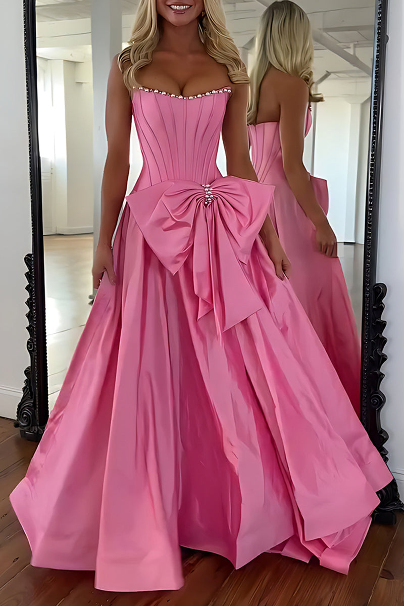 Load image into Gallery viewer, Sparkly Pink Strapless Beaded Long Corset Prom Dress with Bow