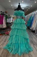 Load image into Gallery viewer, Sparkly Peacock Green Tiered Beaded Long Prom Dress with Ruffles