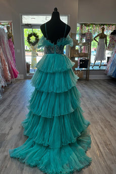 Sparkly Peacock Green Tiered Beaded Long Prom Dress with Ruffles
