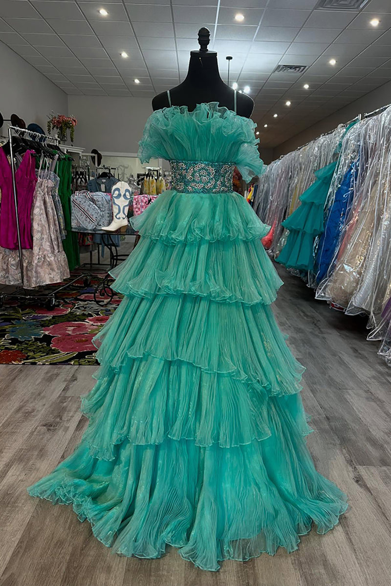 Load image into Gallery viewer, Sparkly Peacock Green Tiered Beaded Long Prom Dress with Ruffles