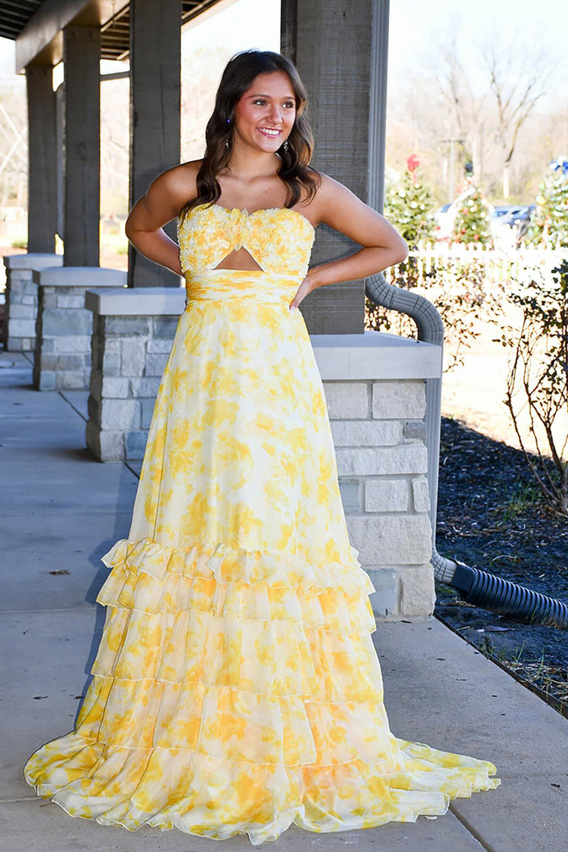 Load image into Gallery viewer, Yellow Flower A Line Strapless Tiered Long Prom Dress with Ruffles