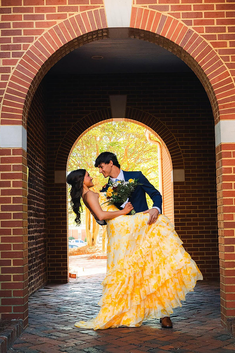 Load image into Gallery viewer, Yellow Flower A Line Strapless Tiered Long Prom Dress with Ruffles