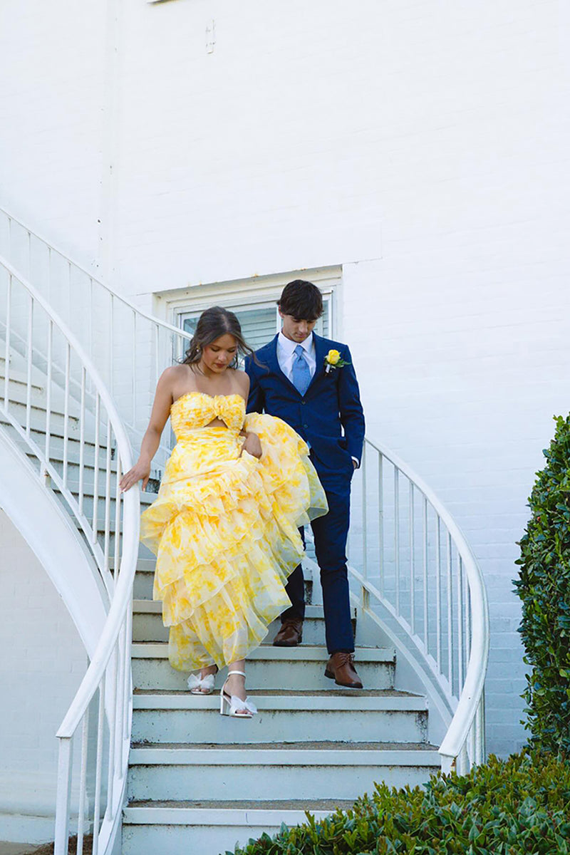 Load image into Gallery viewer, Yellow Flower A Line Strapless Tiered Long Prom Dress with Ruffles
