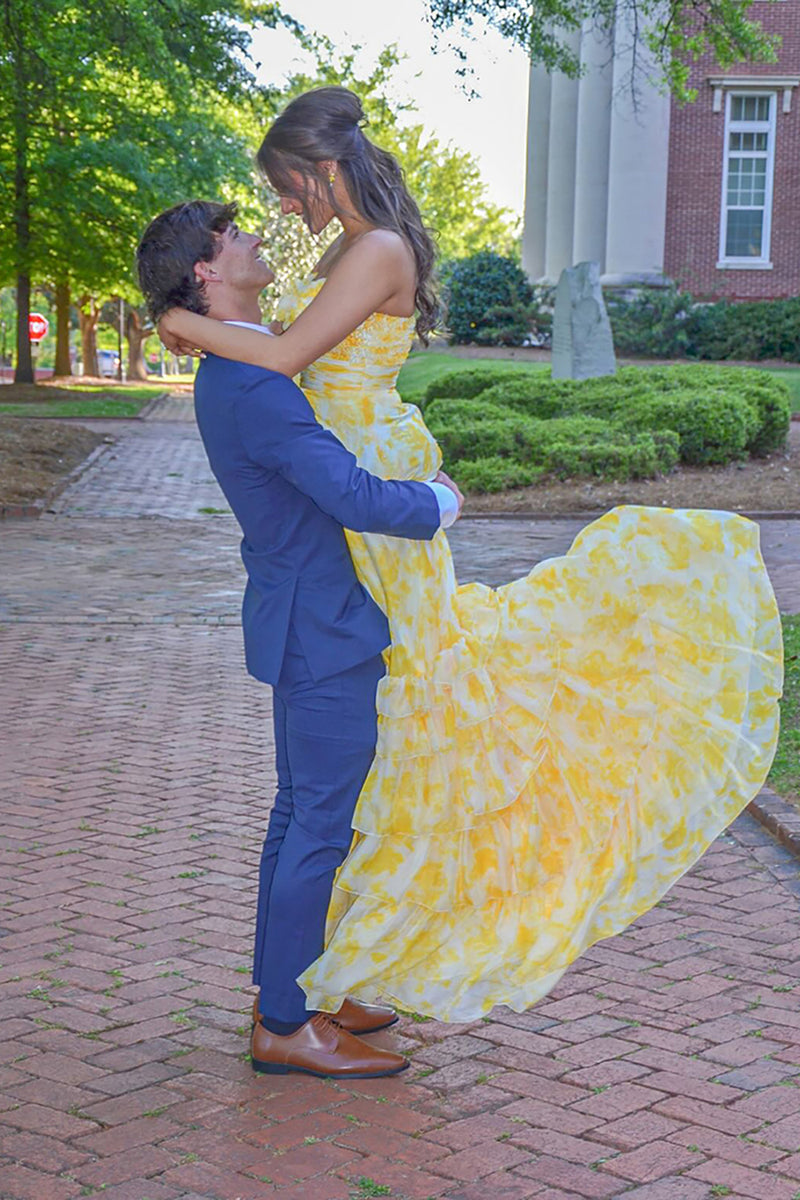 Load image into Gallery viewer, Yellow Flower A Line Strapless Tiered Long Prom Dress with Ruffles